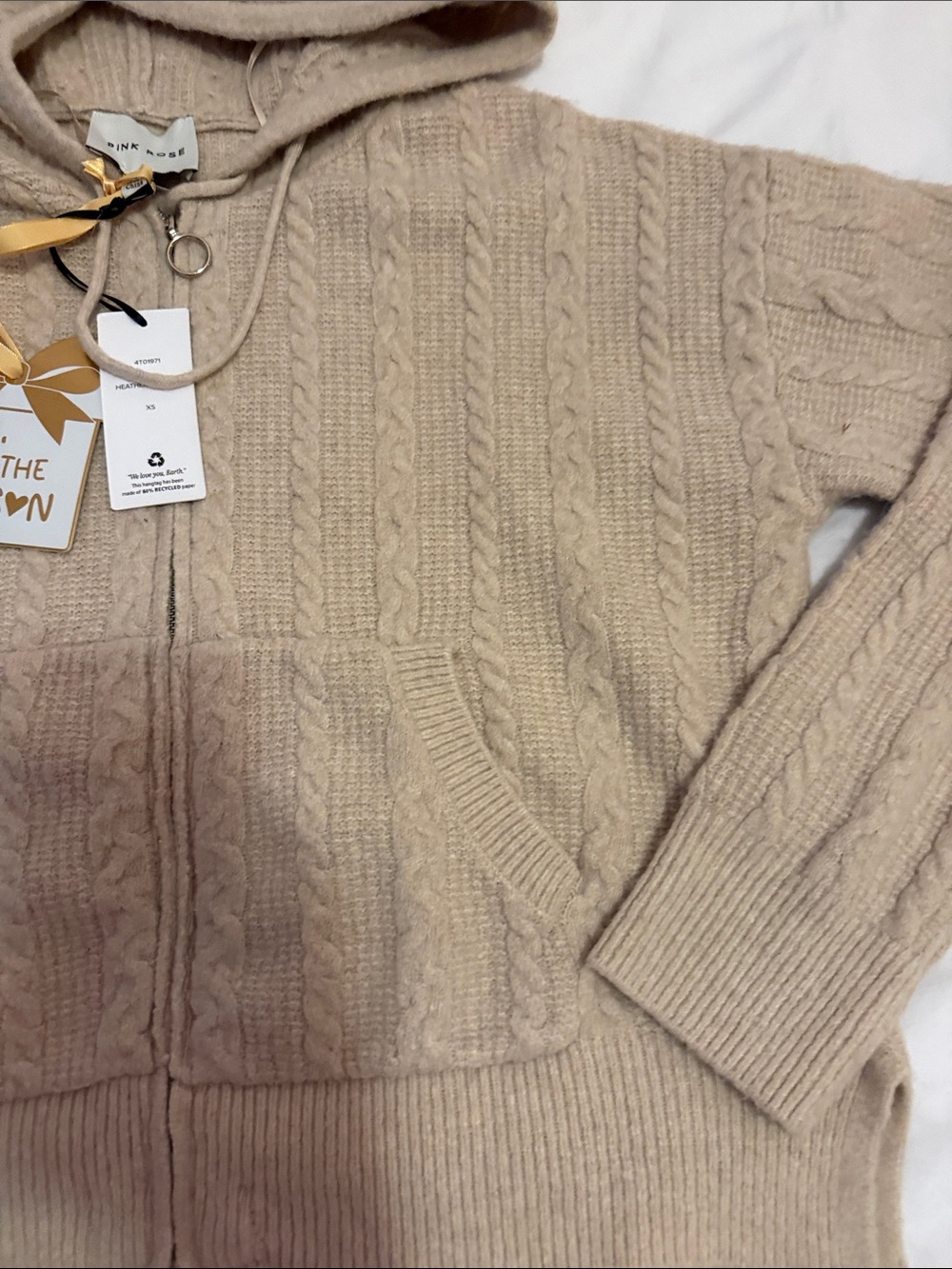 Pink Rose Cable Knit Hooded Zip Cardigan - Beige - Picture 3 of 7